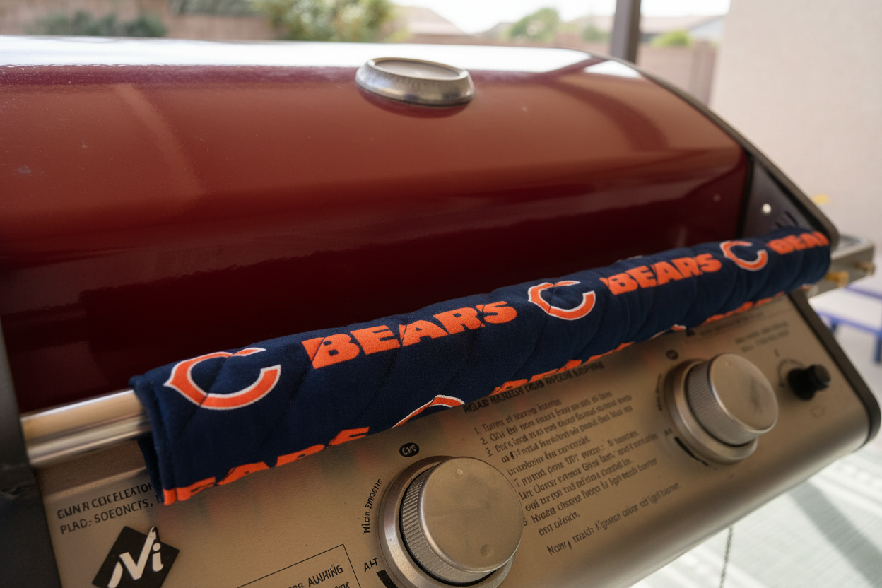 Handmade fabric grill handle cover showing pattern detail