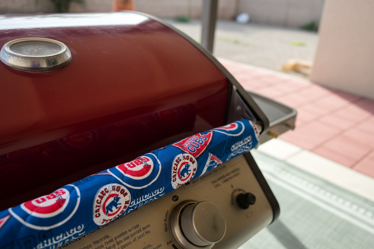 Handmade fabric grill handle cover showing pattern detail