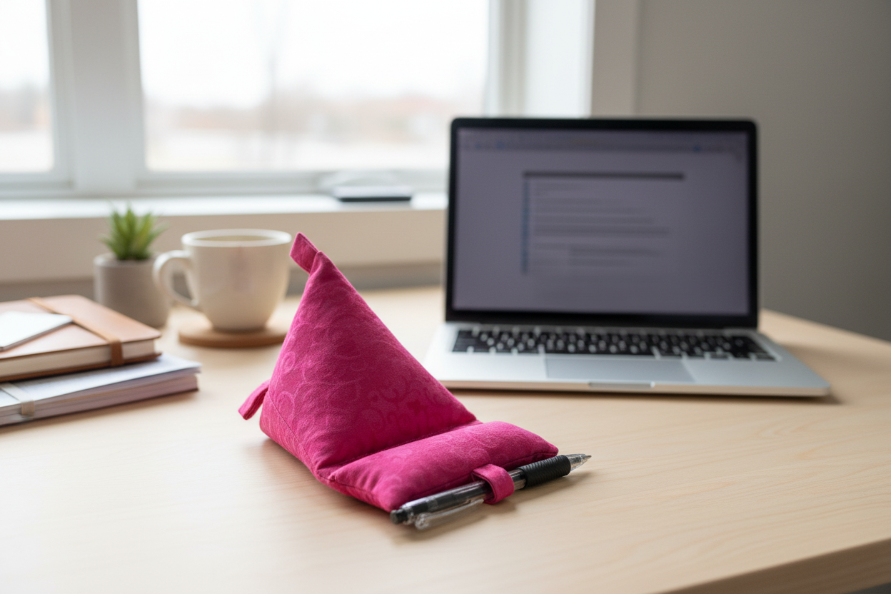 Phone holder on desk workspace