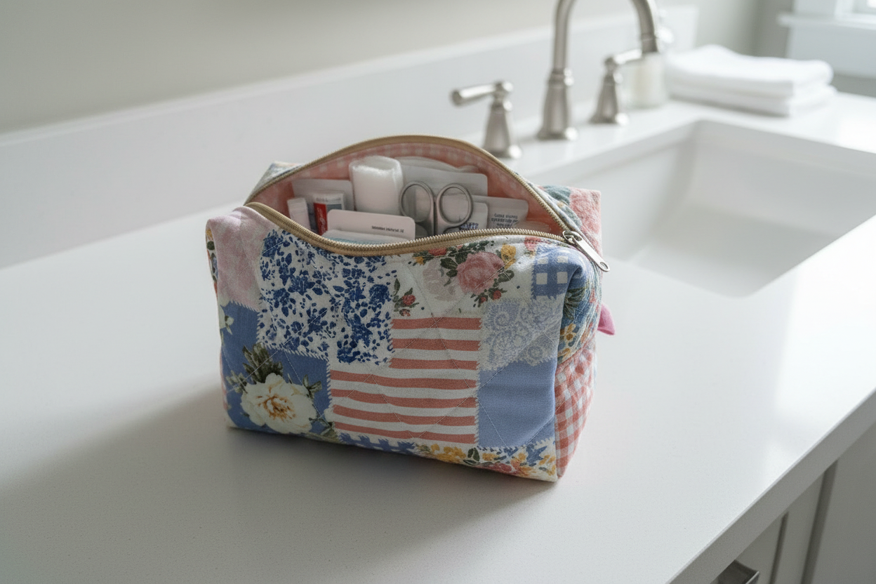 Small carry-all bag with first aid supplies on bathroom counter - overhead view