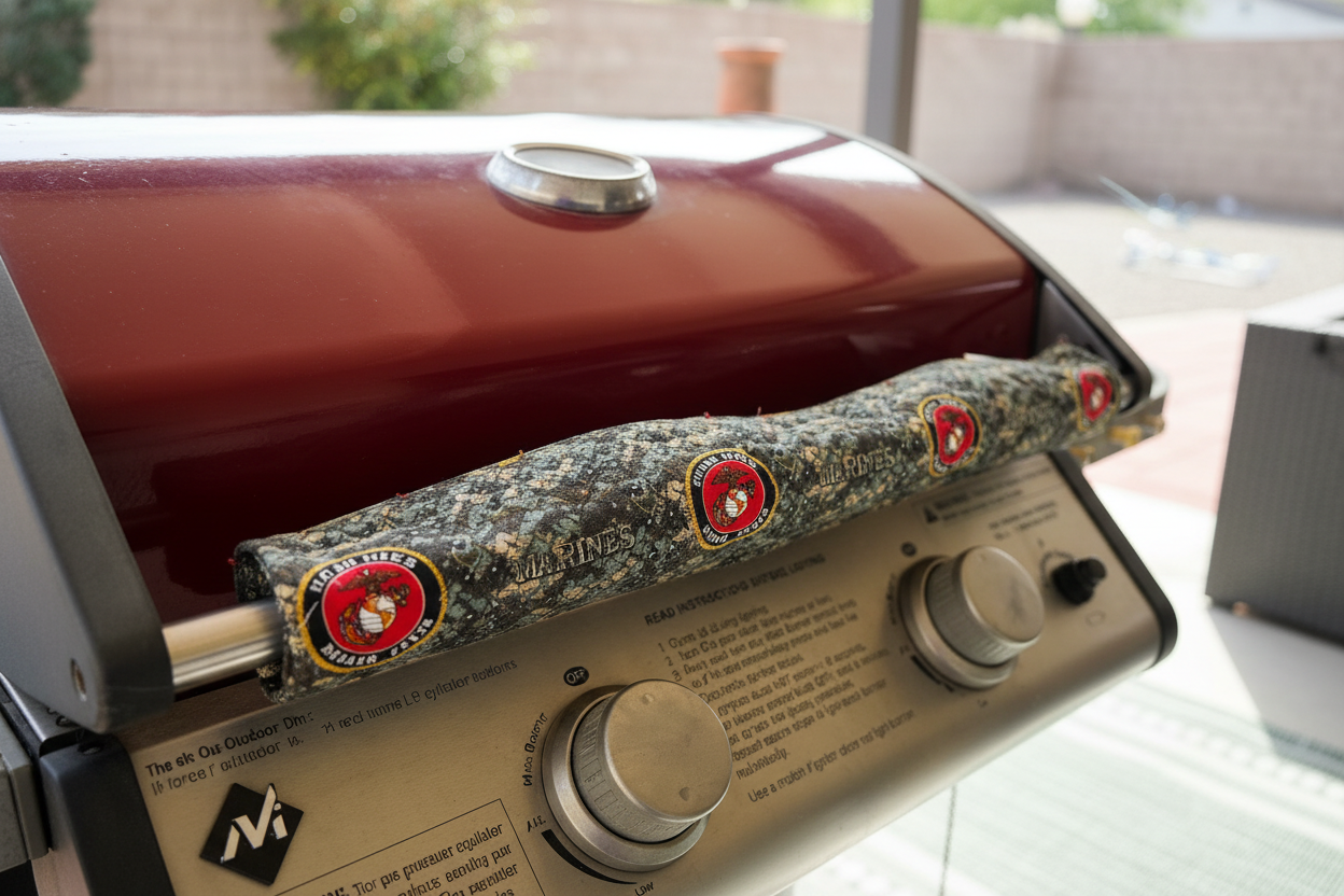 Handmade fabric grill handle cover showing pattern detail