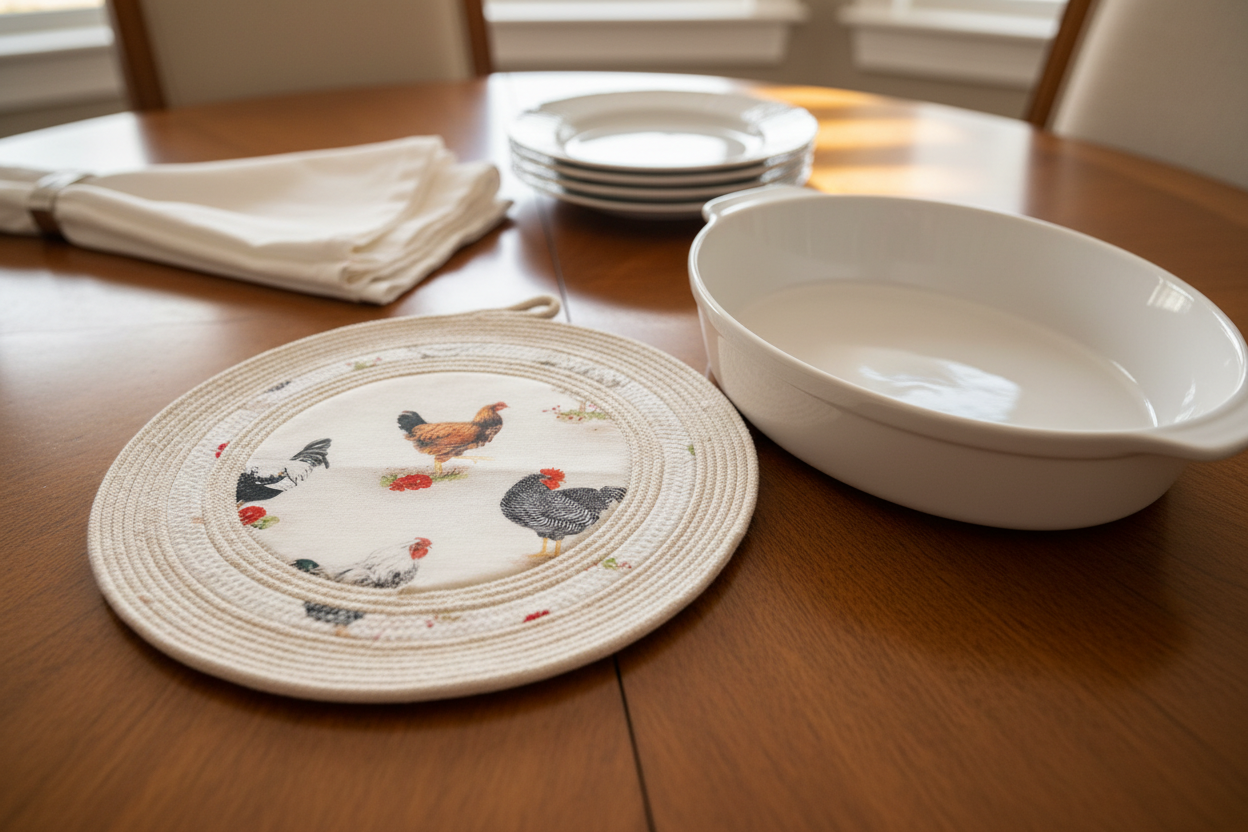 Trivet on dining table with serving dish