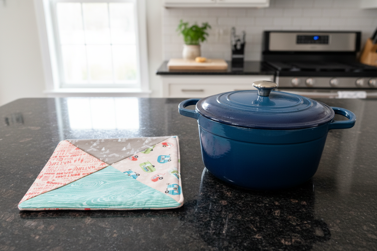 Square potholder on kitchen counter