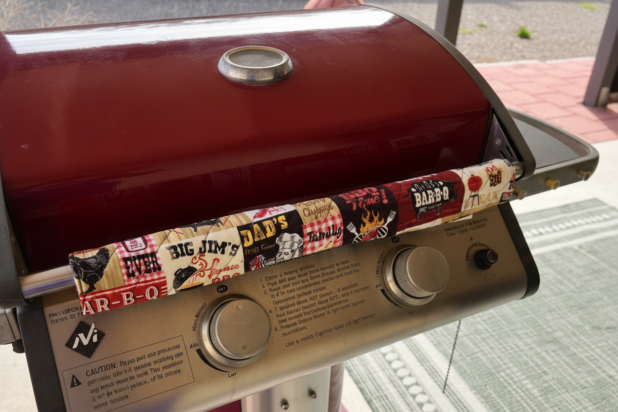 Handmade fabric grill handle cover showing pattern detail