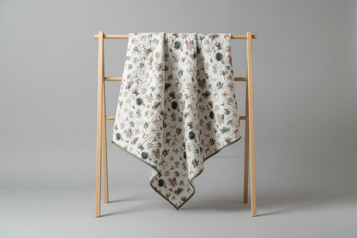 Woodland Friends baby quilt display on rack