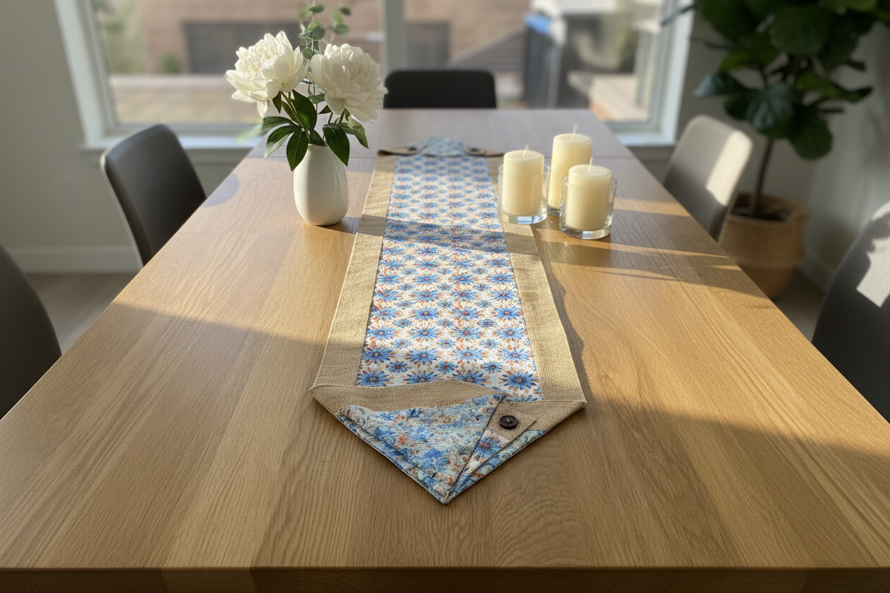 Handmade table runner 42 inches by 12.5 inches in elegant dining setting