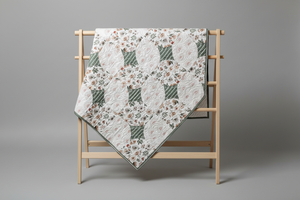 Woodland Friends baby quilt draped on rack